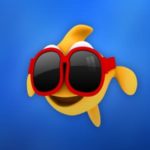 Animated gold fish wearing red sunglasses against dark blue background