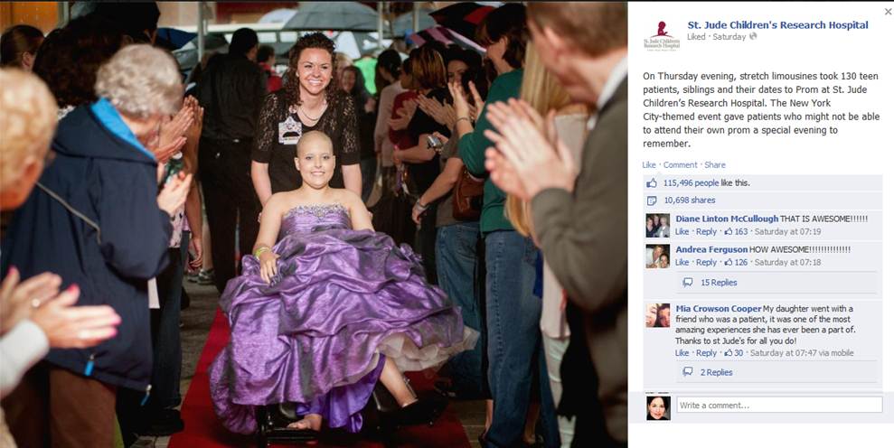 St. Jude's Facebook post showing female patient wearing purple prom dress