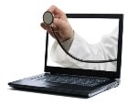 Animated laptop with doctor's arm sticking out of the screen holding stethoscope