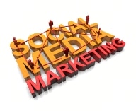 "Social Media Marketing" block text with tiny stick figures standing on the words