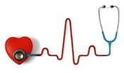 heart monitor rate and stethoscope next to red 3D heart