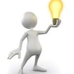 Animated 3D stick figure holding up an "on" lightbulb against white background