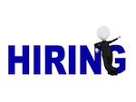 Blue 'Hiring" text with a small animated 3D stick figure leaning on the word