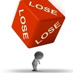 Tiny animated 3D stick figure being crushed by a giant red "lose" dice
