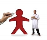 a hand using a stethoscope to check large red stick figure while tiny doctor observes