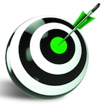 Green dart hitting a target bulls-eye
