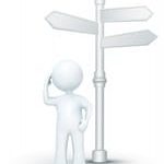 animated 3D stick figure standing in front of blank street signs, confused
