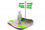 Animated 2D stick figure standing on map with street sign arrows pointing in different directions