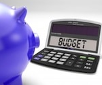 Purple piggy bank looking at calculator displaying "Budget" text