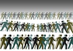 Animation of droves of stick figure people in a long line