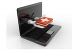 Animated laptop with hands coming out of the screen giving out a first aid kit