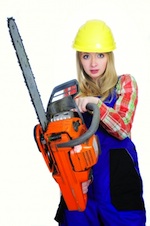 Woman wearing a yellow construction hat operating a chainsaw
