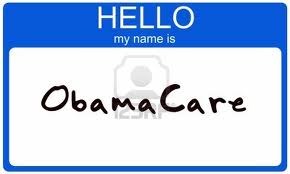 Blue 'Hello my name is' "Obama care" sticker