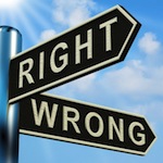 Street sign of the intersection of right and wrong