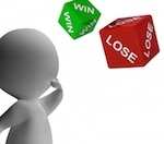Animated 3D stick figure deciding between a green "win" dice & a red "lose" dice