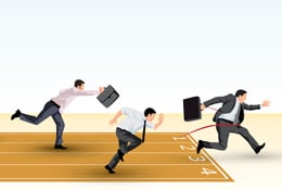 Animation of three business men running a race on a track