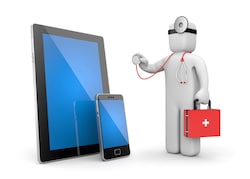 Animated 3D stick figure doctor using stethoscope on iPad and iPhone