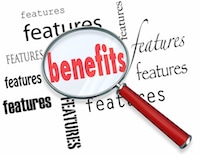 Benefits magnified with "features" text surrounding the word in different fonts