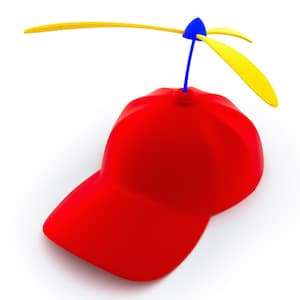Red hat with a propellor fan on top 