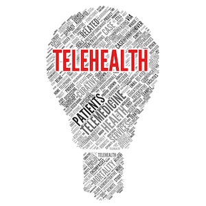 Lightbulb made out of multiple words with "Telehealth" standing out in red font