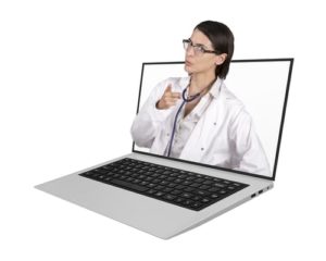 Female doctor coming out of a computer screen, pointing in a scolding manner