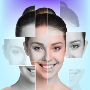 Pixelated image of smiling woman's face