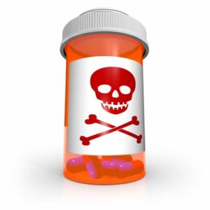 pill bottle with skull and crossbones label