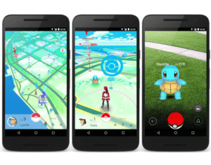 Three smart phones in a row displaying Pokemon Go game on the screens
