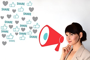 woman next to animated megaphone and "share" icons
