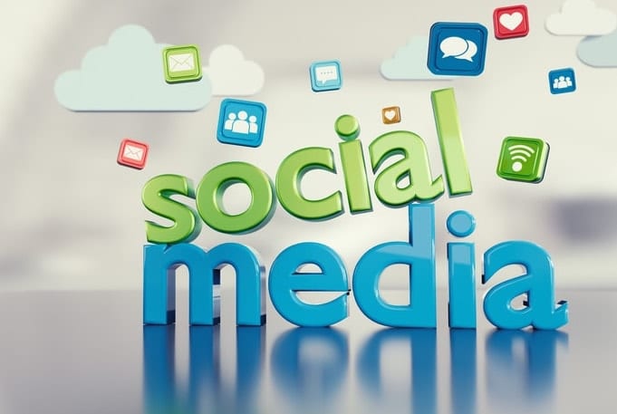 Animated "Social Media" 3D letters with marketing symbols falling from the clouds