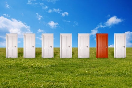A row of white doors with one red door standing out in the grass against blue skies