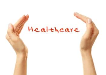 Red "Healthcare" text with hands surrounding it as parentheses