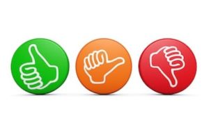 green thumb up, orange thumb sideways, and red thumb down representing negative online reviews
