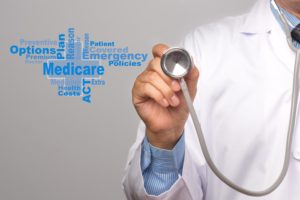 doctor holding stethoscope and text words relating to Medicare advantage marketing