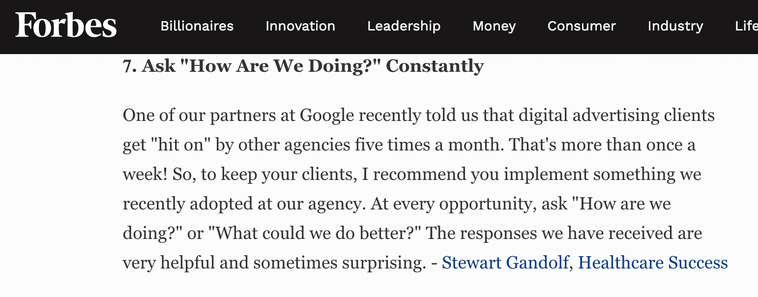 a forbes article with a quote from Stewart Gandolf, linking to our website