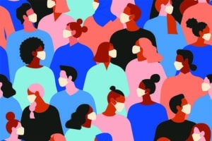 Animated graphic of people with face masks on