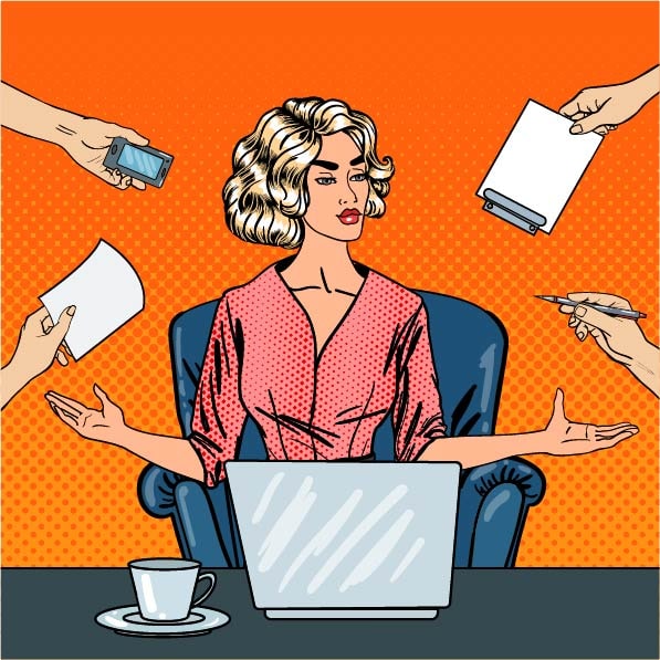 A woman sitting at her desk being handed a variety of tasks.
