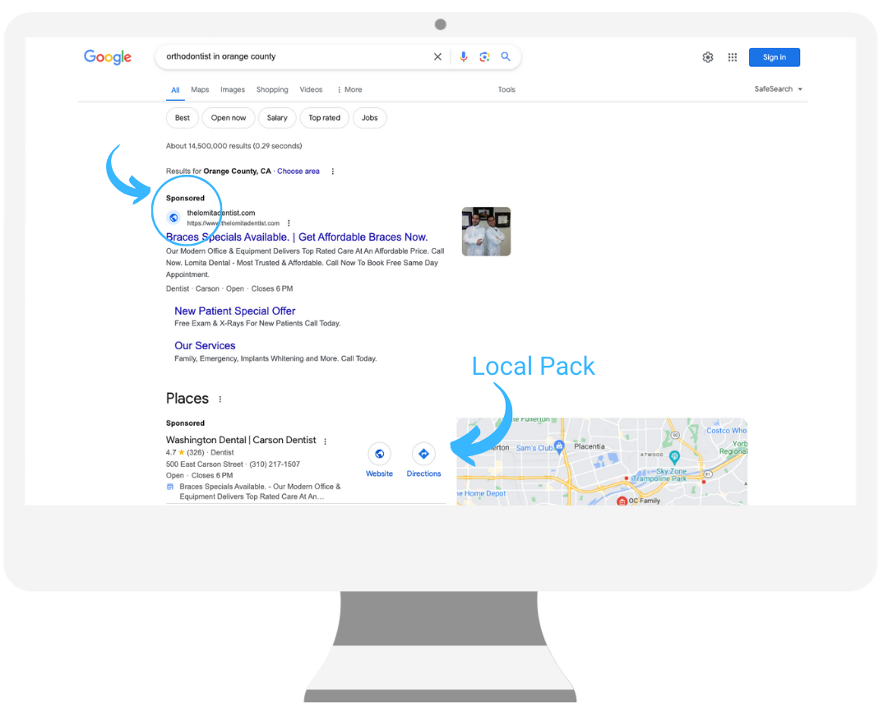 Paid search advertisements appear first in search results.