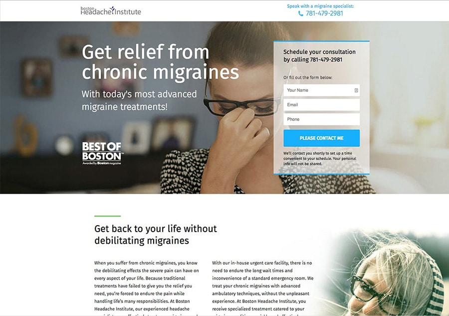 photo of home page for Boston Headache Institute website