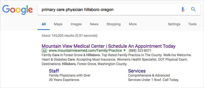 photo of a "primary care physician hillsboro oregon" google search and google displaying Mountain View Medical Center as first result