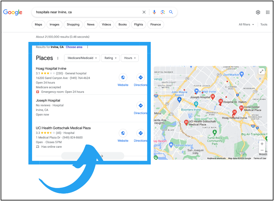 Google search engine results page (SERP) with Local Pack search results highlighted.