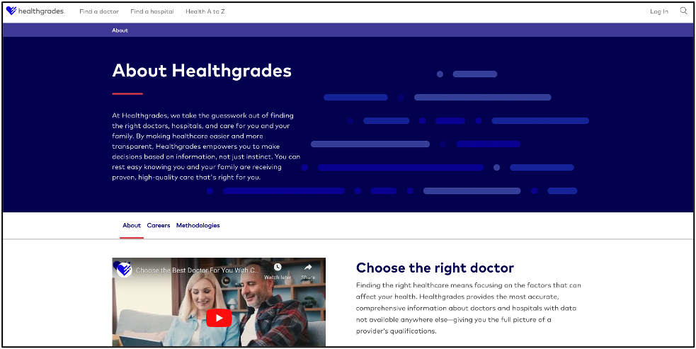 An image of the Healthgrades about us page with copy about the business.