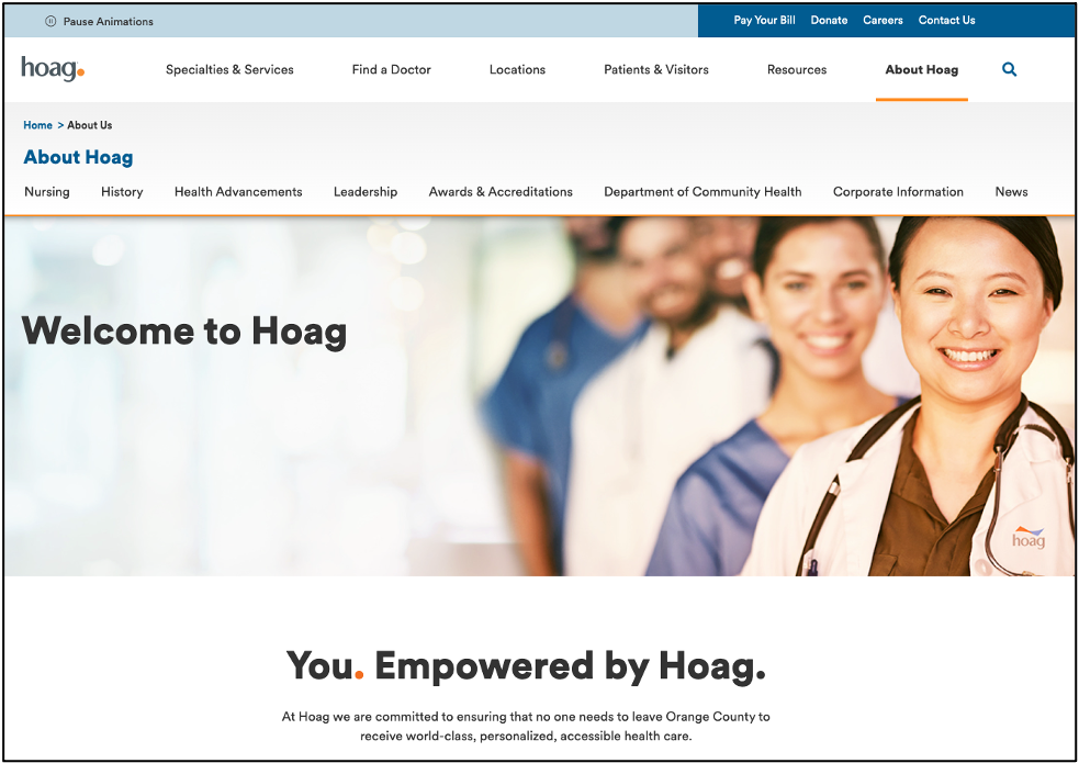 An image of the Hoag about us page with copy about the business.