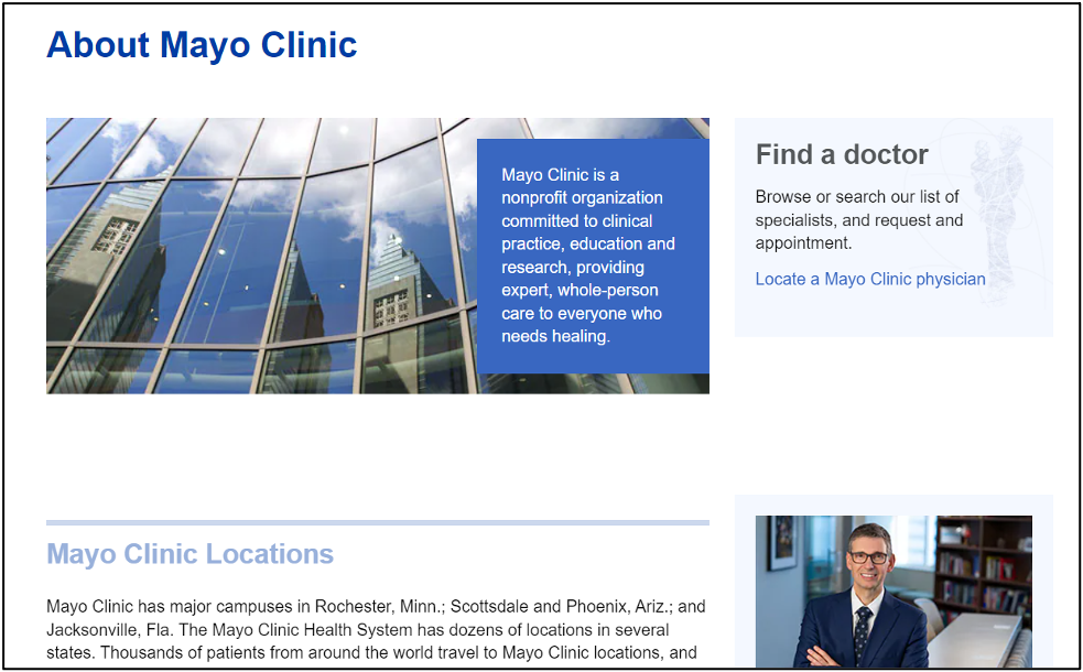 An image of the Mayo Clinic about us page with copy that describes the business.