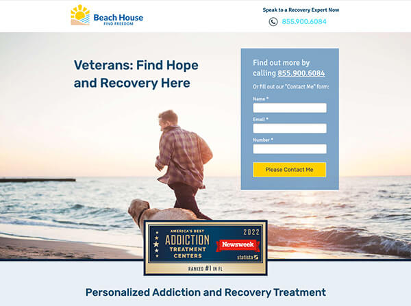 Landing page for beach house rehab center veteran program